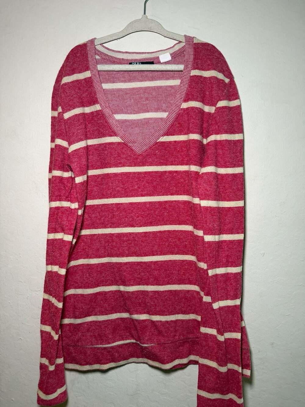 BDG Urban Outfitters Pink And White Striped Long Sleeve V-Neck Top